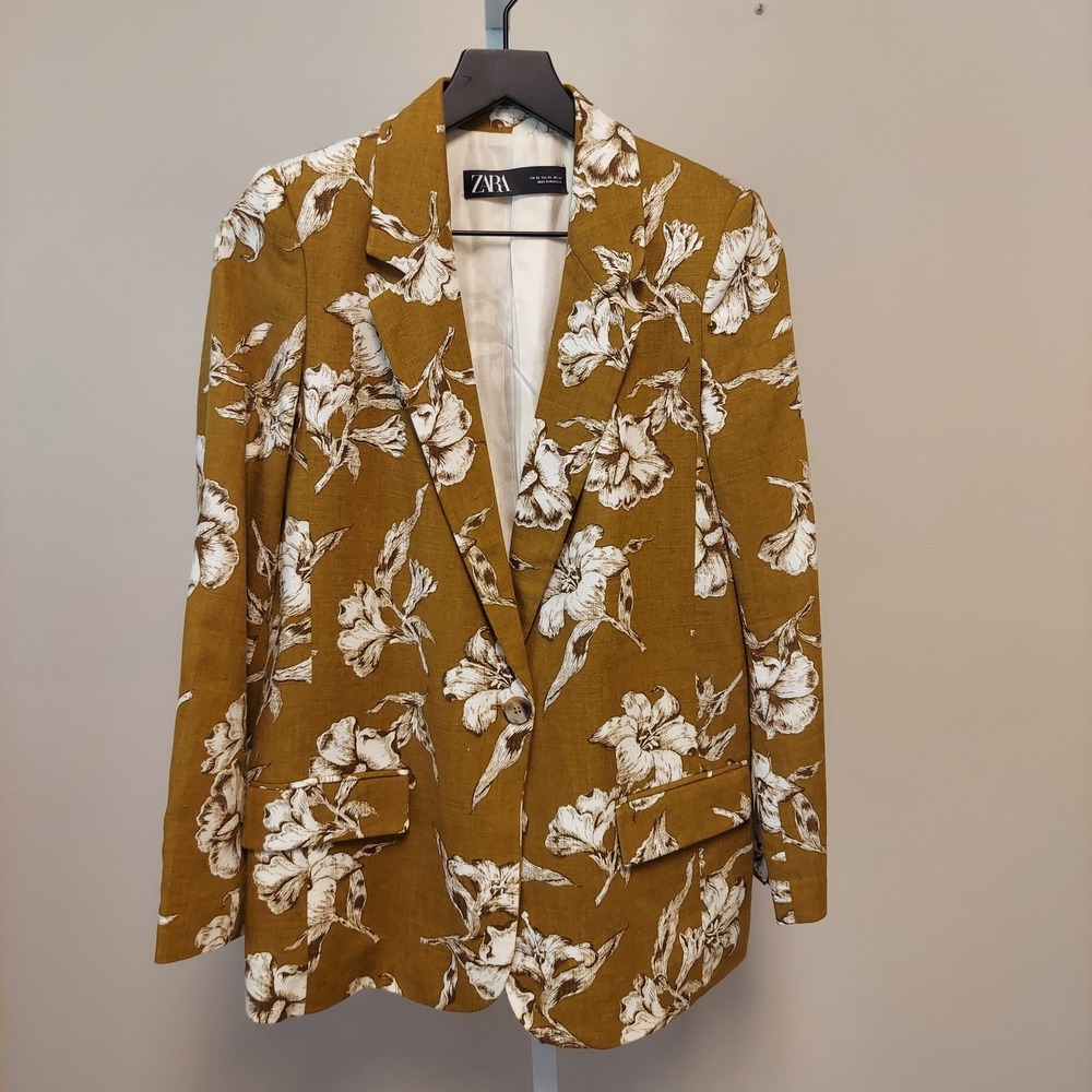 Blogger Favorite Zara Womens Mustard Yellow Floral Linen Blend‎ Blazer Jacket XS
